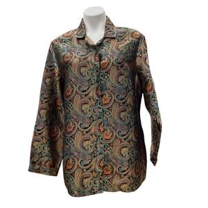 Chico’s Women’s Button Up Top Size L Rayon Polyester Silk Blend Multicolor